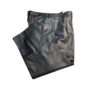 Bagazio Vintage Mens Leather Pants Size 42 x28 Black Pleated Front Trousers Bike